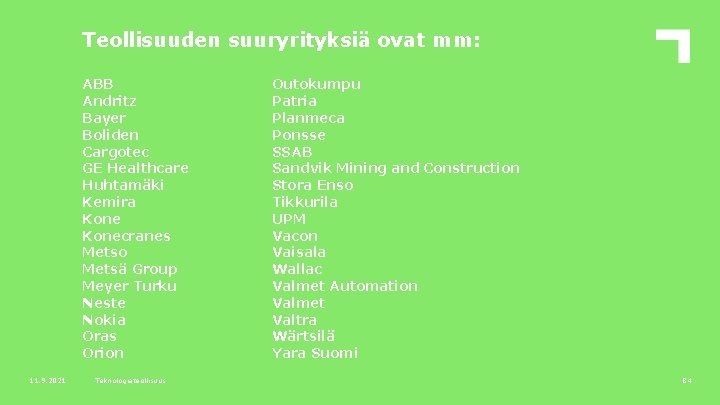 Teollisuuden suuryrityksiä ovat mm: ABB Andritz Bayer Boliden Cargotec GE Healthcare Huhtamäki Kemira Konecranes