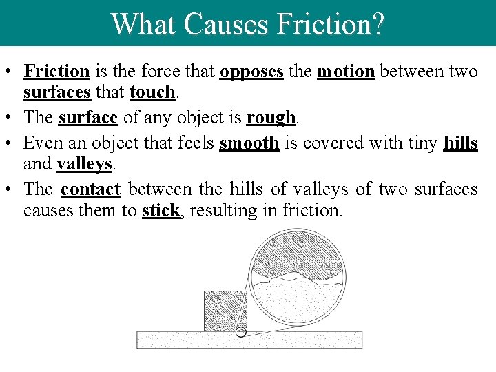 What Causes Friction? • Friction is the force that opposes the motion between two
