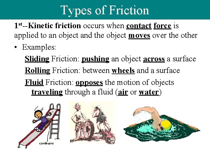 Types of Friction 1 st--Kinetic friction occurs when contact force is applied to an