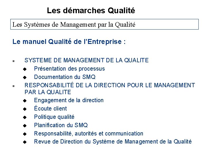 Les démarches Qualité Les Systèmes de Management par la Qualité Le manuel Qualité de