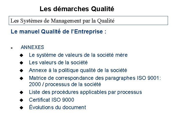 Les démarches Qualité Les Systèmes de Management par la Qualité Le manuel Qualité de