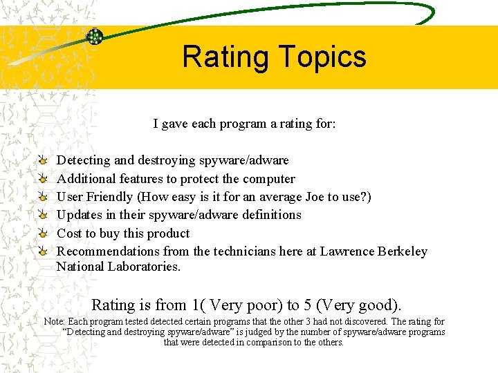 Rating Topics I gave each program a rating for: Detecting and destroying spyware/adware Additional