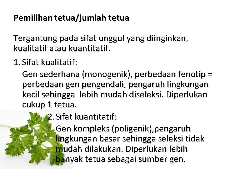 Pemilihan tetua/jumlah tetua Tergantung pada sifat unggul yang diinginkan, kualitatif atau kuantitatif. 1. Sifat