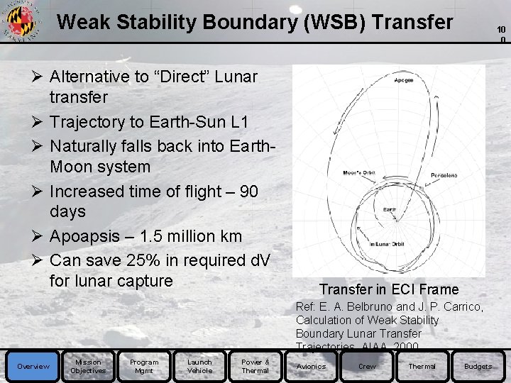 Weak Stability Boundary (WSB) Transfer Ø Alternative to “Direct” Lunar transfer Ø Trajectory to