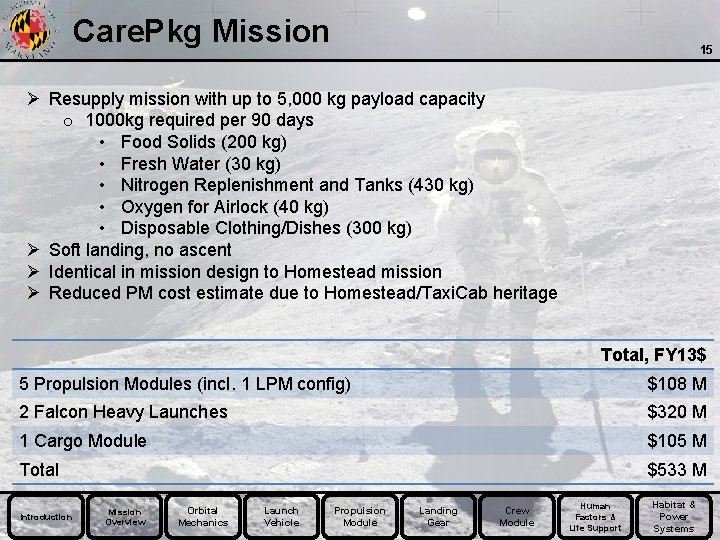 Care. Pkg Mission 15 Ø Resupply mission with up to 5, 000 kg payload