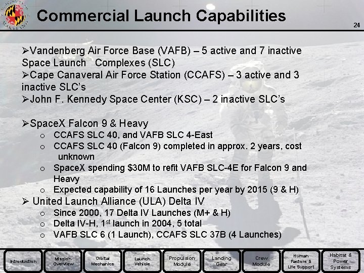 Commercial Launch Capabilities 24 ØVandenberg Air Force Base (VAFB) – 5 active and 7