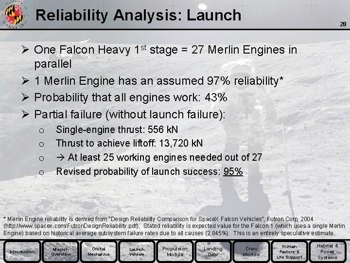 Reliability Analysis: Launch 28 Ø One Falcon Heavy 1 st stage = 27 Merlin