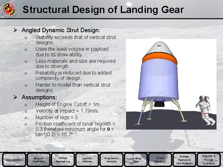 Structural Design of Landing Gear Ø Angled Dynamic Strut Design: o o o Stability