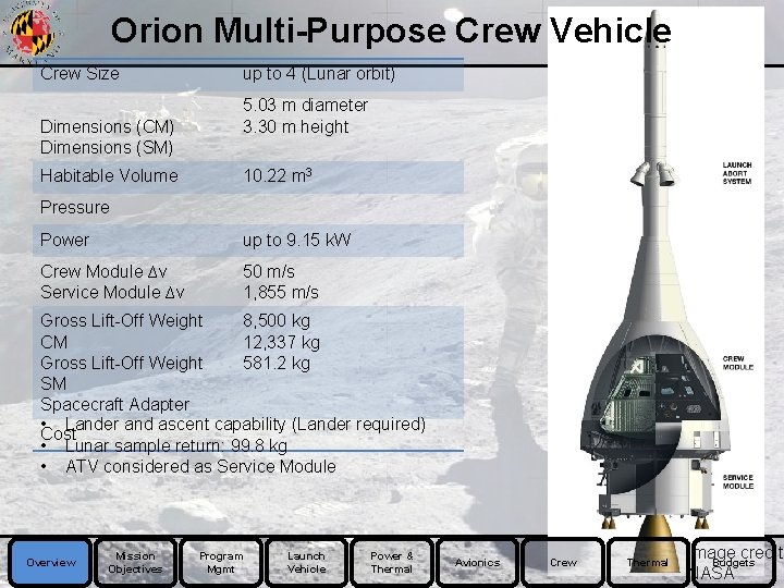 Orion Multi-Purpose Crew Vehicle Crew Size Dimensions (CM) Dimensions (SM) Habitable Volume up to