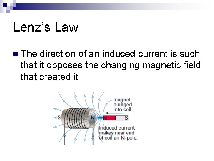 Lenz’s Law n The direction of an induced current is such that it opposes