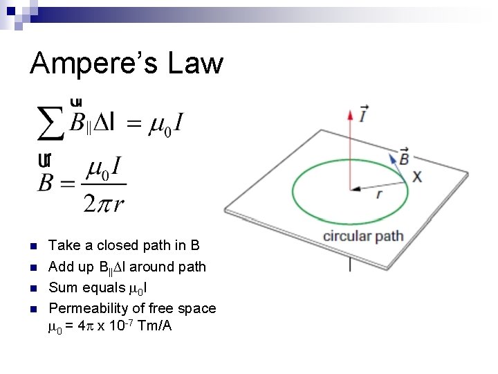 Ampere’s Law n n Take a closed path in B Add up B|| l