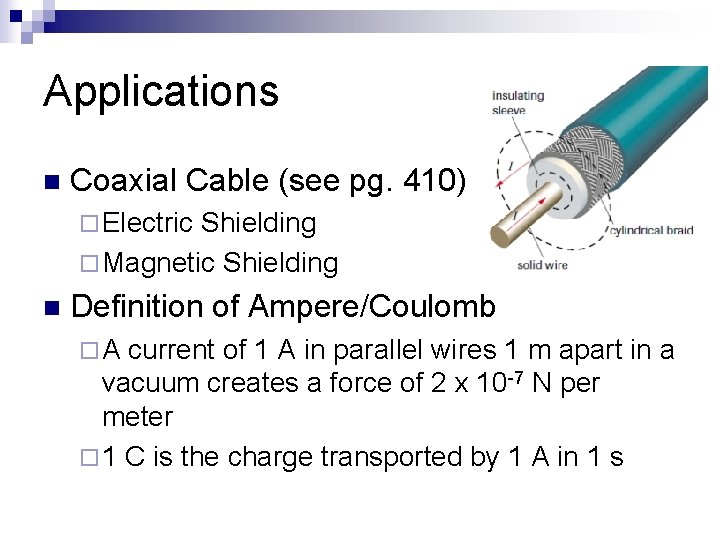 Applications n Coaxial Cable (see pg. 410) ¨ Electric Shielding ¨ Magnetic Shielding n