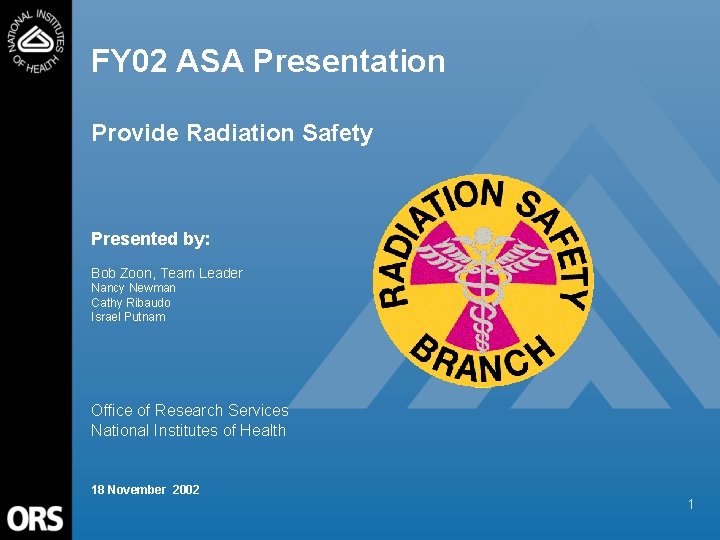 FY 02 ASA Presentation Provide Radiation Safety Presented by: Bob Zoon, Team Leader Nancy