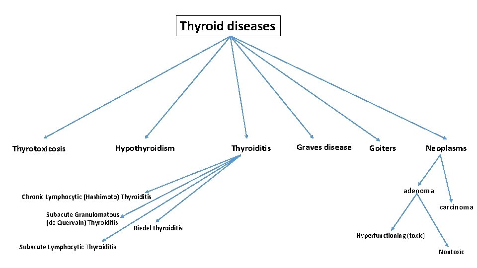 Thyroid diseases Thyrotoxicosis Hypothyroidism Chronic Lymphocytic (Hashimoto) Thyroiditis Subacute Granulomatous (de Quervain) Thyroiditis Subacute