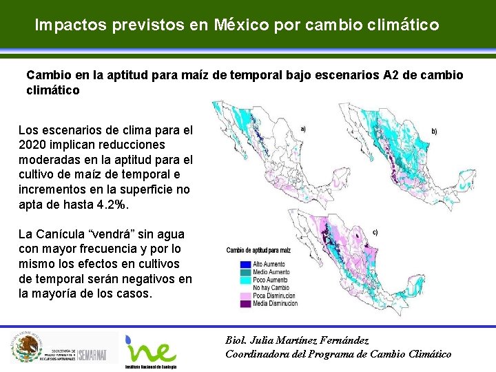 Impactos previstos en México por cambio climático Cambio en la aptitud para maíz de