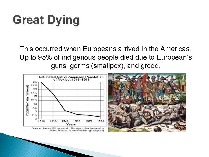 Great Dying This occurred when Europeans arrived in the Americas. Up to 95% of