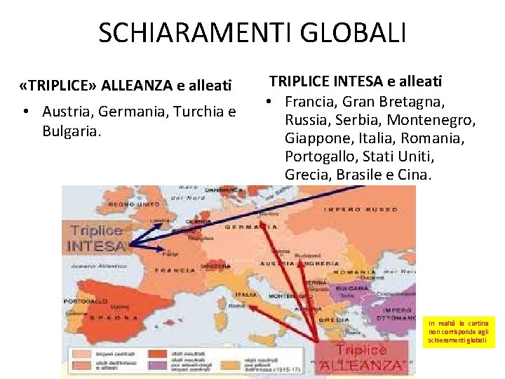 SCHIARAMENTI GLOBALI «TRIPLICE» ALLEANZA e alleati • Austria, Germania, Turchia e Bulgaria. TRIPLICE INTESA