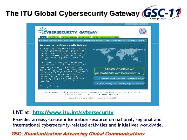 The ITU Global Cybersecurity Gateway LIVE at: http: //www. itu. int/cybersecurity Provides an easy-to-use