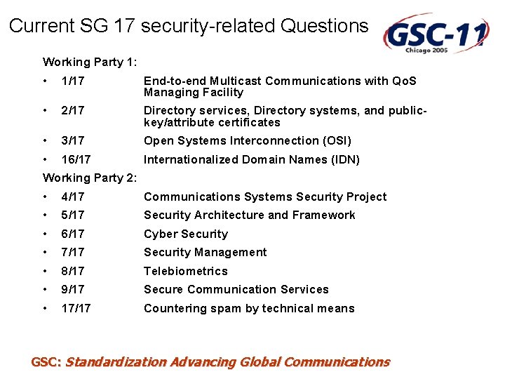 Current SG 17 security-related Questions Working Party 1: • 1/17 End-to-end Multicast Communications with