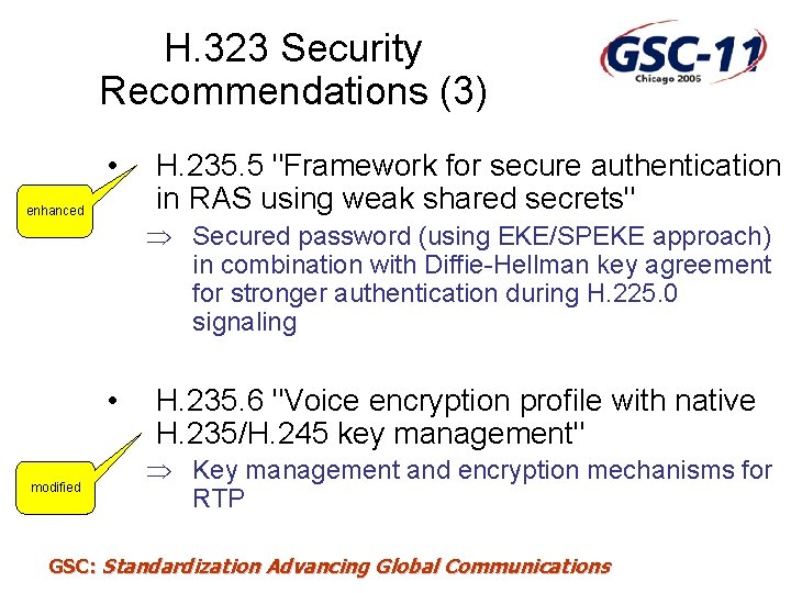 H. 323 Security Recommendations (3) • enhanced Þ Secured password (using EKE/SPEKE approach) in