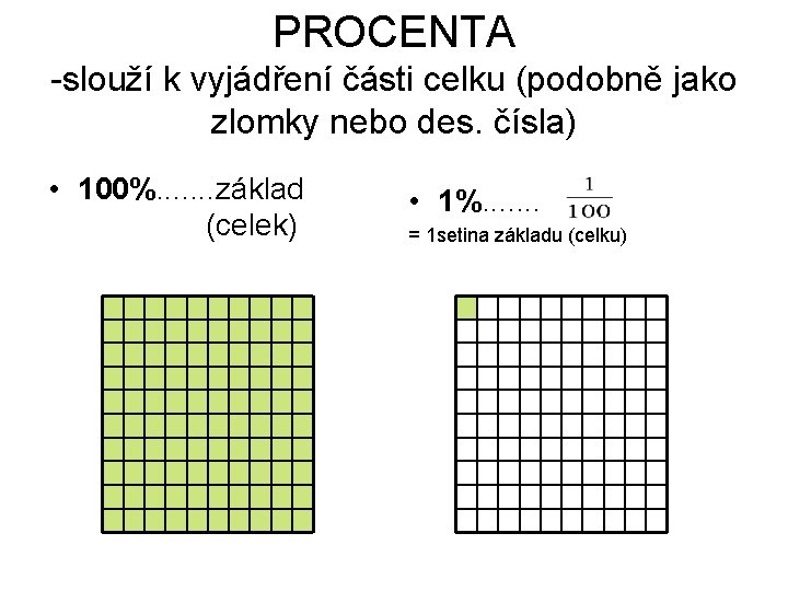 PROCENTA -slouží k vyjádření části celku (podobně jako zlomky nebo des. čísla) • 100%.