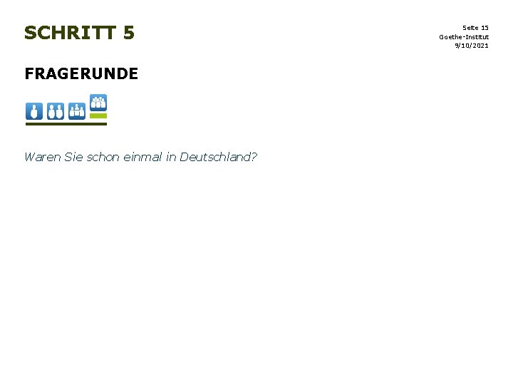 SCHRITT 5 FRAGERUNDE Waren Sie schon einmal in Deutschland? Seite 15 Goethe-Institut 9/10/2021 