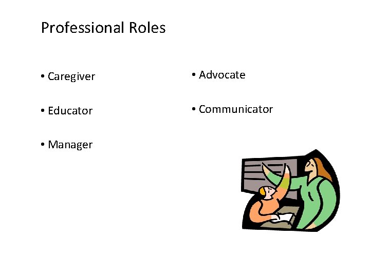 Professional Roles • Caregiver • Advocate • Educator • Communicator • Manager 