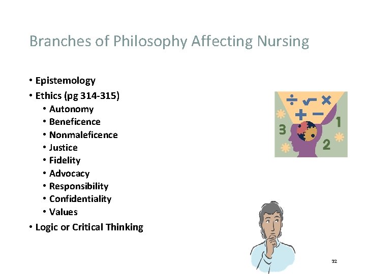 Branches of Philosophy Affecting Nursing • Epistemology • Ethics (pg 314 -315) • Autonomy