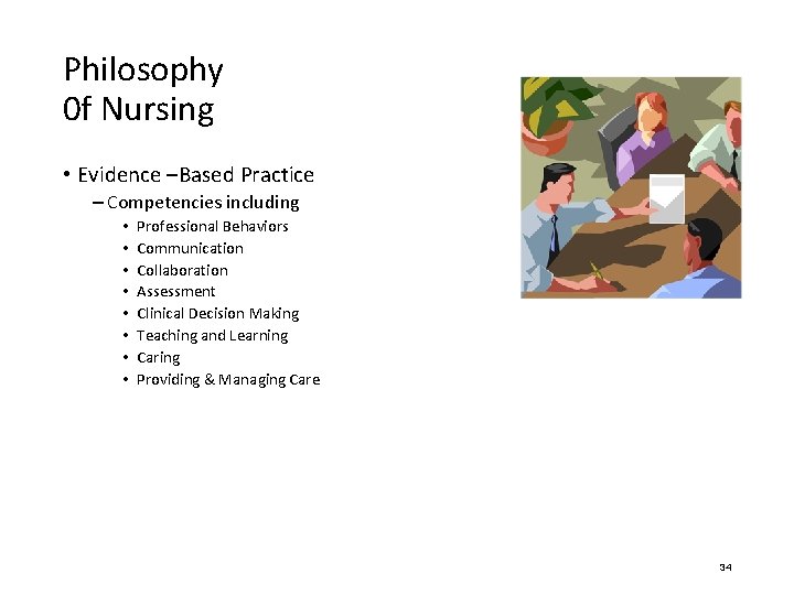 Philosophy 0 f Nursing • Evidence –Based Practice – Competencies including • • Professional