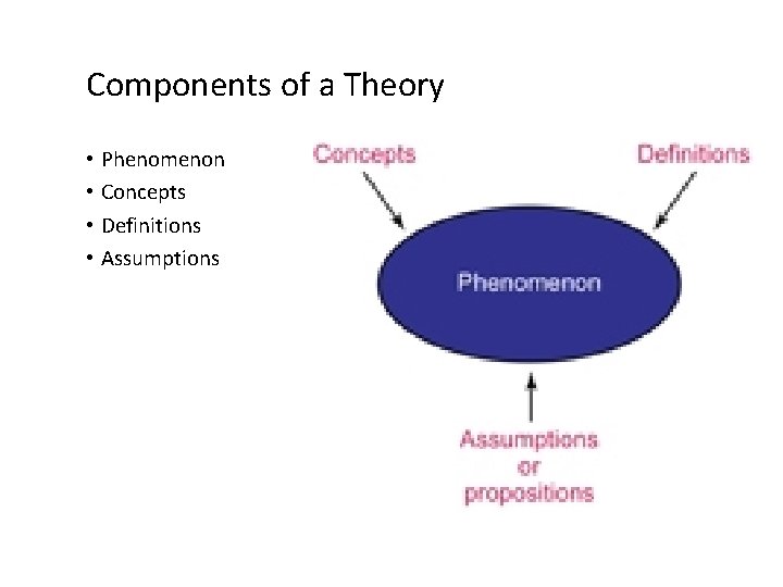 Components of a Theory • Phenomenon • Concepts • Definitions • Assumptions 