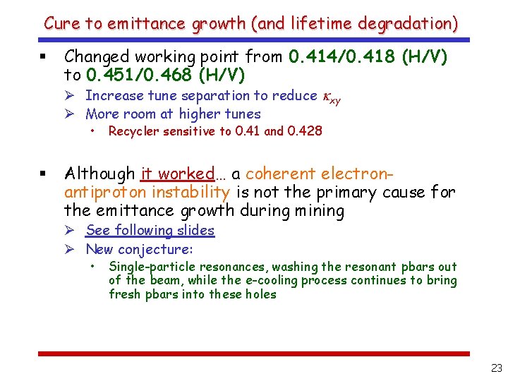 Cure to emittance growth (and lifetime degradation) § Changed working point from 0. 414/0.