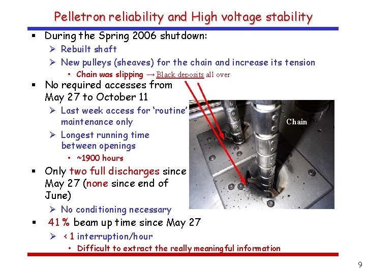 Pelletron reliability and High voltage stability § During the Spring 2006 shutdown: Ø Rebuilt