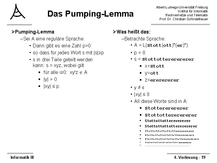 Albert-Ludwigs-Universität Freiburg Institut für Informatik Rechnernetze und Telematik Prof. Dr. Christian Schindelhauer Das Pumping-Lemma