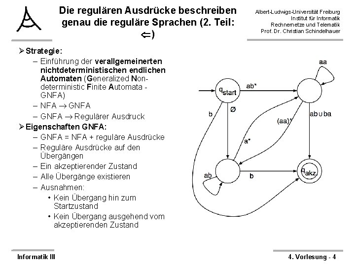 Die regulären Ausdrücke beschreiben genau die reguläre Sprachen (2. Teil: ) Albert-Ludwigs-Universität Freiburg Institut