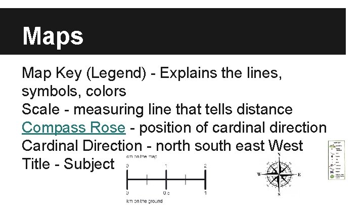 Maps Map Key (Legend) - Explains the lines, symbols, colors Scale - measuring line Maps Map Key (Legend) - Explains the lines, symbols, colors Scale - measuring line