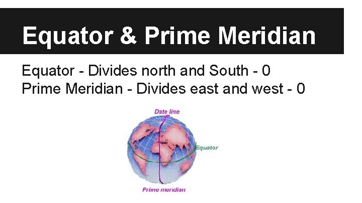 Equator & Prime Meridian Equator - Divides north and South - 0 Prime Meridian Equator & Prime Meridian Equator - Divides north and South - 0 Prime Meridian