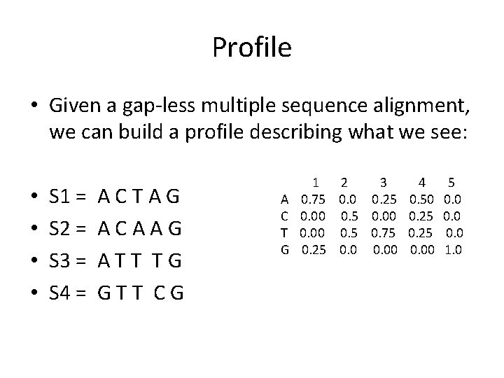 Profile • Given a gap-less multiple sequence alignment, we can build a profile describing