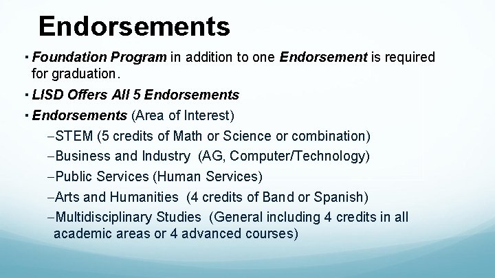 Endorsements • Foundation Program in addition to one Endorsement is required for graduation. •