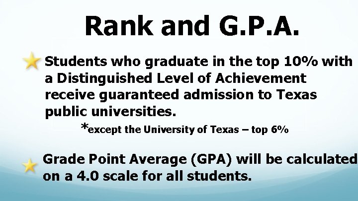 Rank and G. P. A. Students who graduate in the top 10% with a