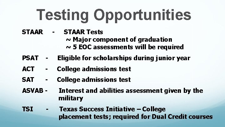 Testing Opportunities STAAR - STAAR Tests ~ Major component of graduation ~ 5 EOC