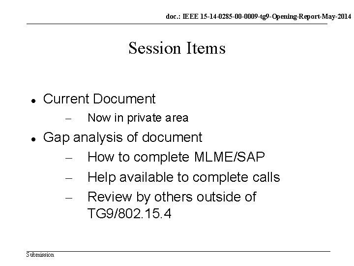 doc. : IEEE 15 -14 -0285 -00 -0009 -tg 9 -Opening-Report-May-2014 Session Items Current