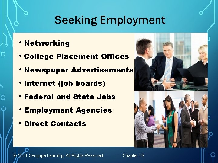 Seeking Employment • Networking • College Placement Offices • Newspaper Advertisements • Internet (job