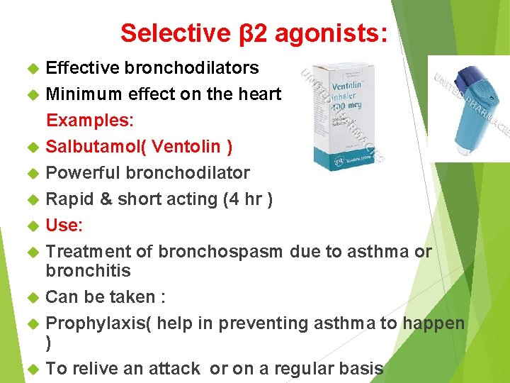 Selective β 2 agonists: Effective bronchodilators Minimum effect on the heart Examples: Salbutamol( Ventolin