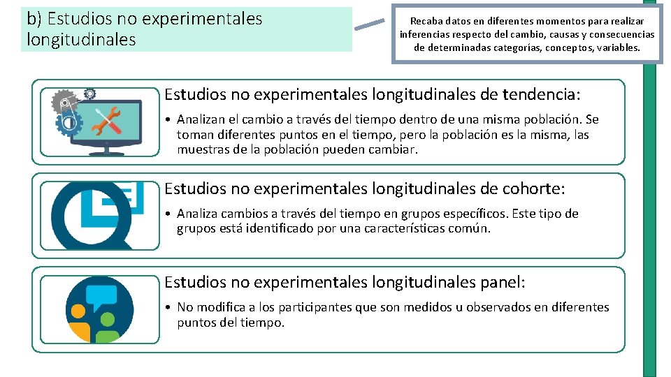 b) Estudios no experimentales longitudinales Recaba datos en diferentes momentos para realizar inferencias respecto