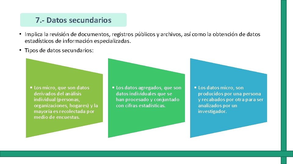 7. - Datos secundarios • Implica la revisión de documentos, registros públicos y archivos,