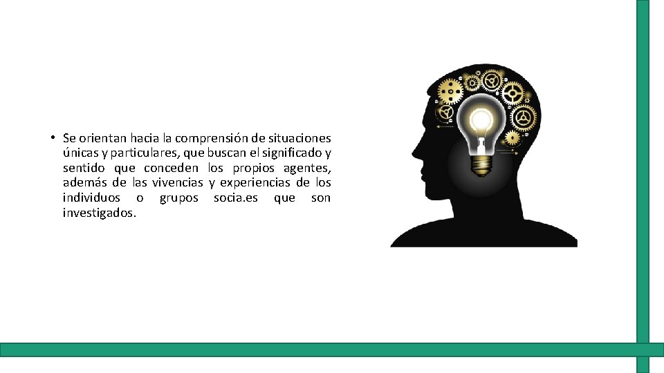  • Se orientan hacia la comprensión de situaciones únicas y particulares, que buscan