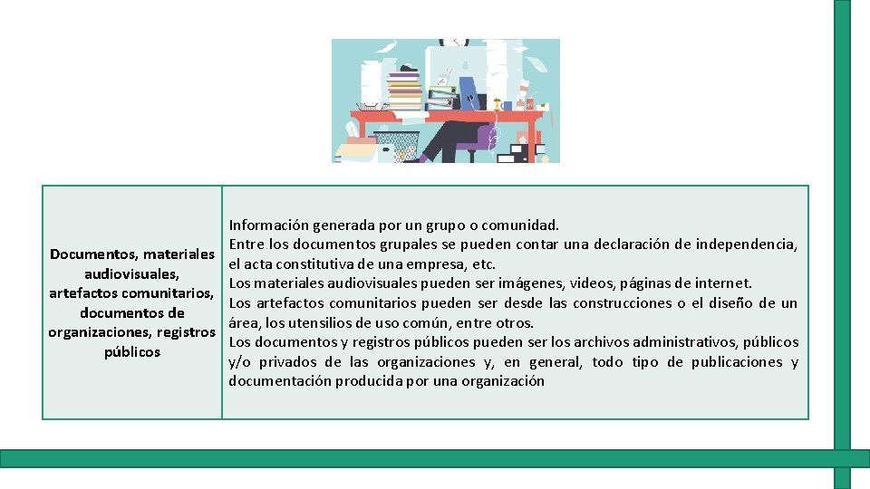 Información generada por un grupo o comunidad. Entre los documentos grupales se pueden contar