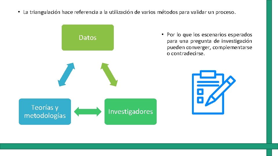  • La triangulación hace referencia a la utilización de varios métodos para validar