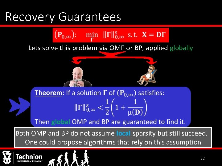 Recovery Guarantees Lets solve this problem via OMP or BP, applied globally Both OMP