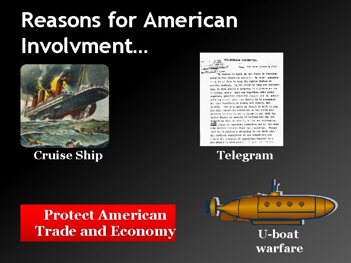 Reasons for American Involvment… Cruise Ship Protect American Trade and Economy Telegram U-boat warfare